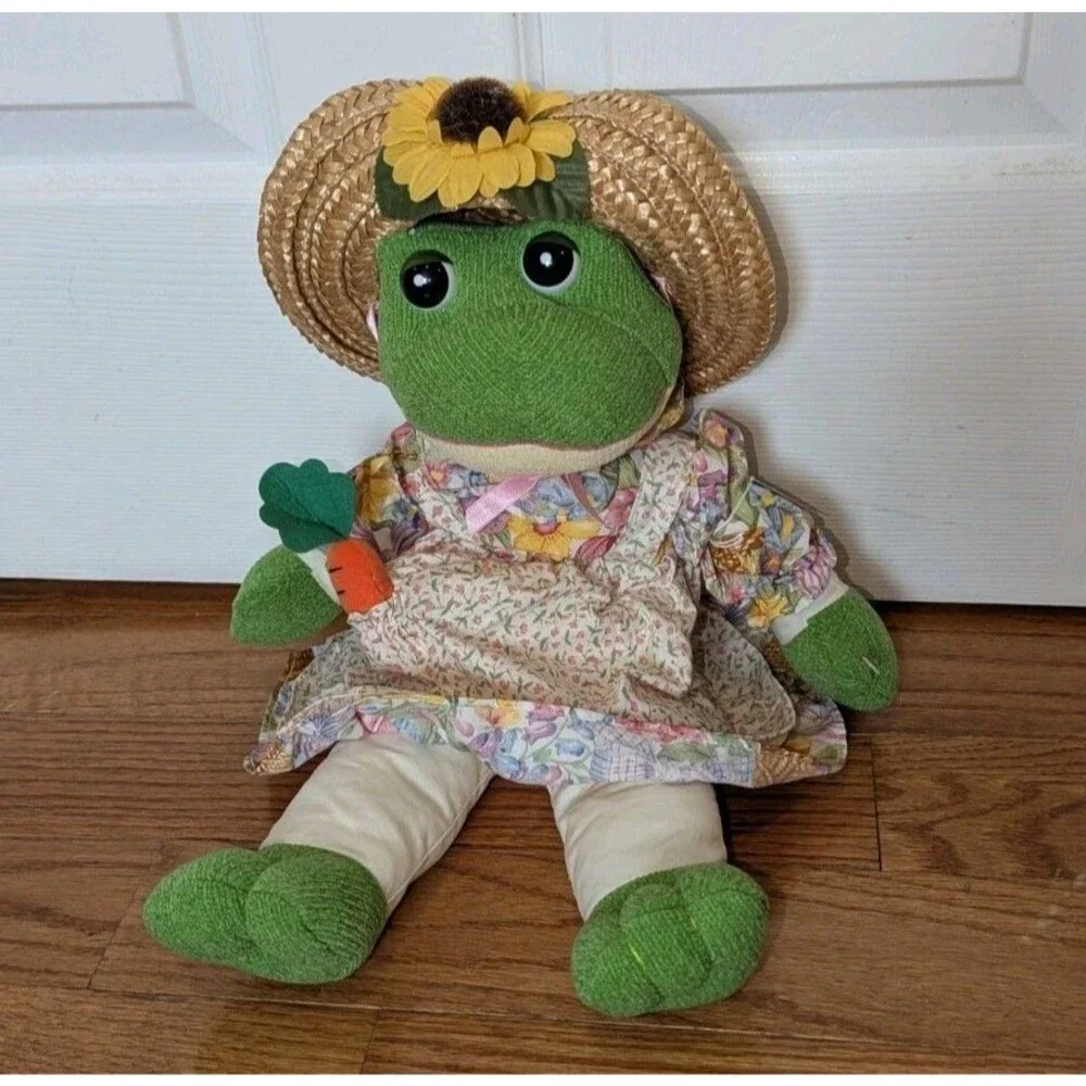 Vintage Plush Frog Summer Rustic Sunflower‎ Straw Hat Spring Dress Cottagecore